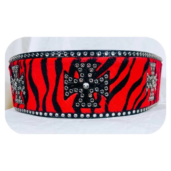 Red Zebra Rhinestone Studded Pony Hair Glam Rock Wrestle Mania Punk Belt CL